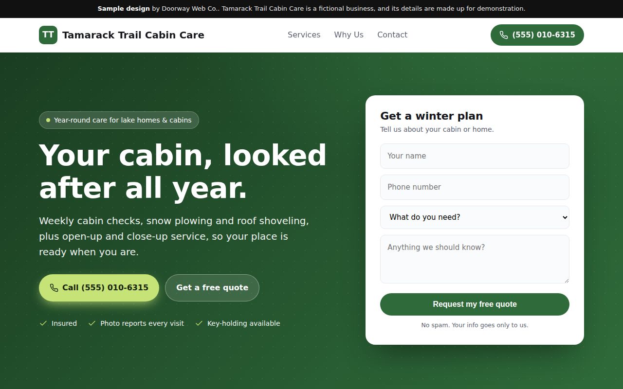 Cabin care and snow removal sample website